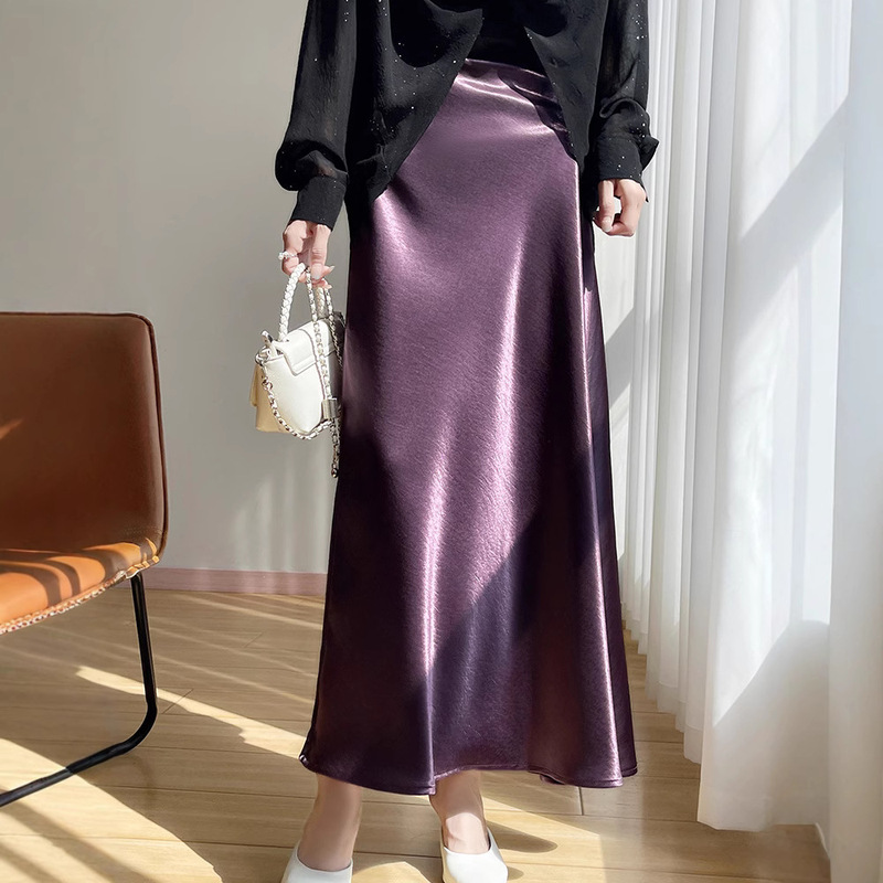2025 New Acetic Acid Satin Skirt Women's High-end Midi Skirt New Fishtail Dape Silky Silk Long Skirt