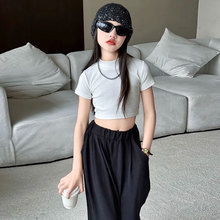 女童白色短袖夏季洋气儿童装短款爵士上衣露脐T恤街舞修身半袖潮