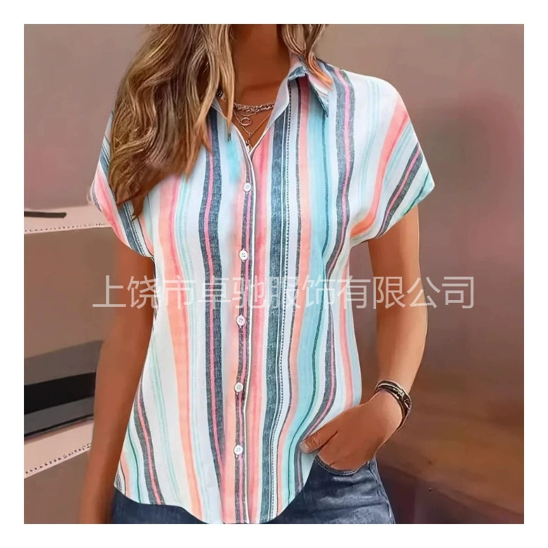 2025 Independent Station Цифровая печать в полоску кнопка печати передняя рубашка повседневные шорты рукава весна-лето рубашка