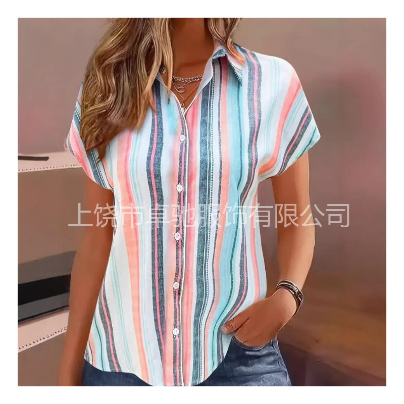 2025 Independent Station Xiyin Digital Printing Stripe Print Button Front Shirt Casual Shorts Sleeve Spring Summer Shirt