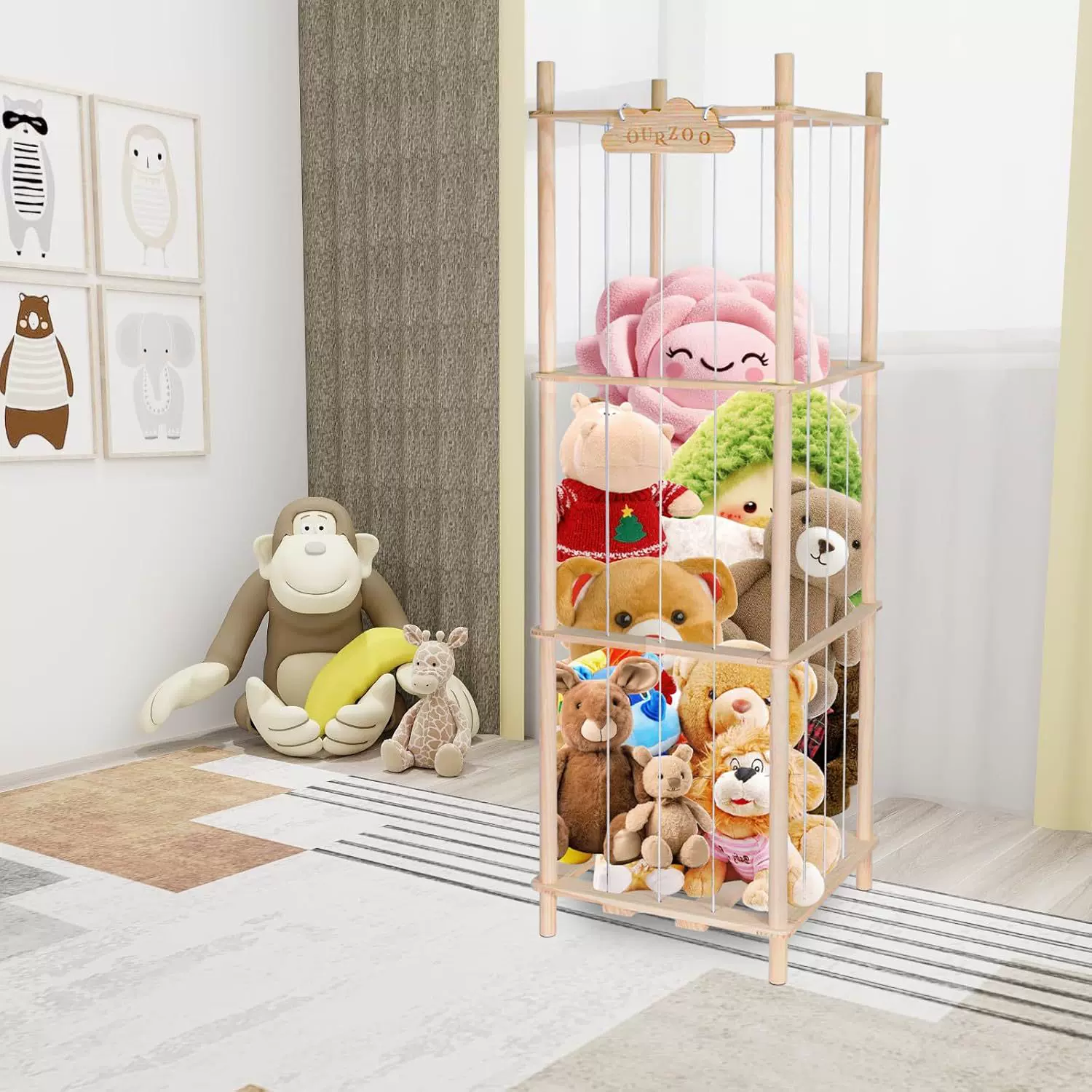 2025新款毛绒玩具储物篮游戏室托儿所动物组织收纳架木质笼子支架