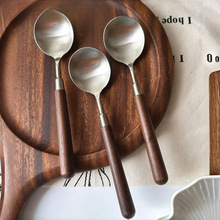 304不锈钢圆勺胡桃木木柄勺西餐勺吃饭勺汤勺汤更实木勺子大勺子