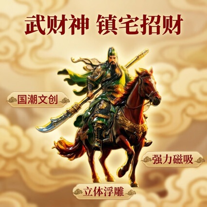 Hot-Selling Item: Metal Magnetic Refrigerator Magnet Featuring the God of Wealth Guan Gong, a Symbol of Wealth and Protection from All Directions, Suitable as a Souvenir Gift, Available for Wholesale