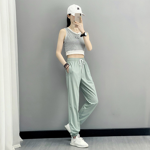 Summer New Women's Thin Casual Ice Silk Leggings Highly Elastic Breathable Cool Quick-Drying Tied-Down Sports Leggings 9/10 Length for Women