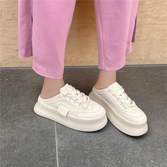 Summer 2023 Korean Thick Sole Slim Coverage Half Slippers for Women Chic Genuine Leather Outwear White Shoes Trend
