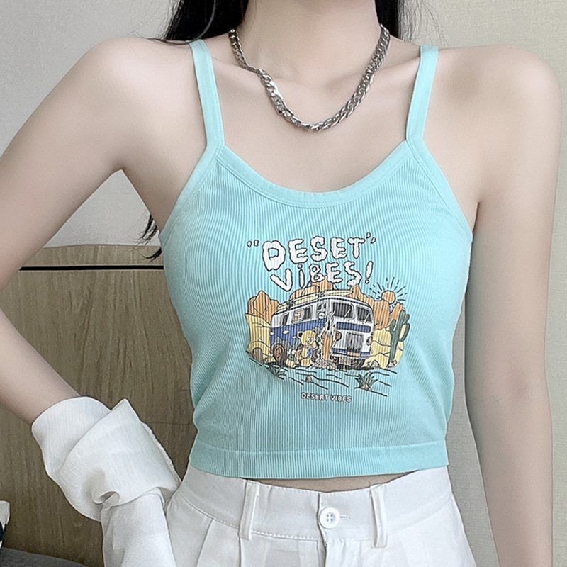 La primavera y el verano de estilo americano impreso carta bottoming camisola con almohadilla en el pecho desgaste exterior hermosa espalda chica caliente recortada superior