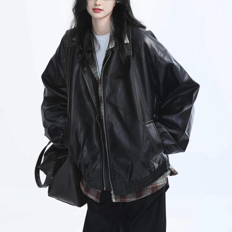 American Retro Black Leather Jacket for Women Autum 2025 New Hong Kong Style Small Pu Leather Jacket Motorcycle Top