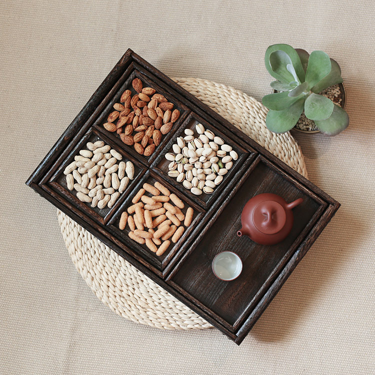 日式木质分割盘茶具烧桐托盘七件套干果盘家用长方形复古收纳