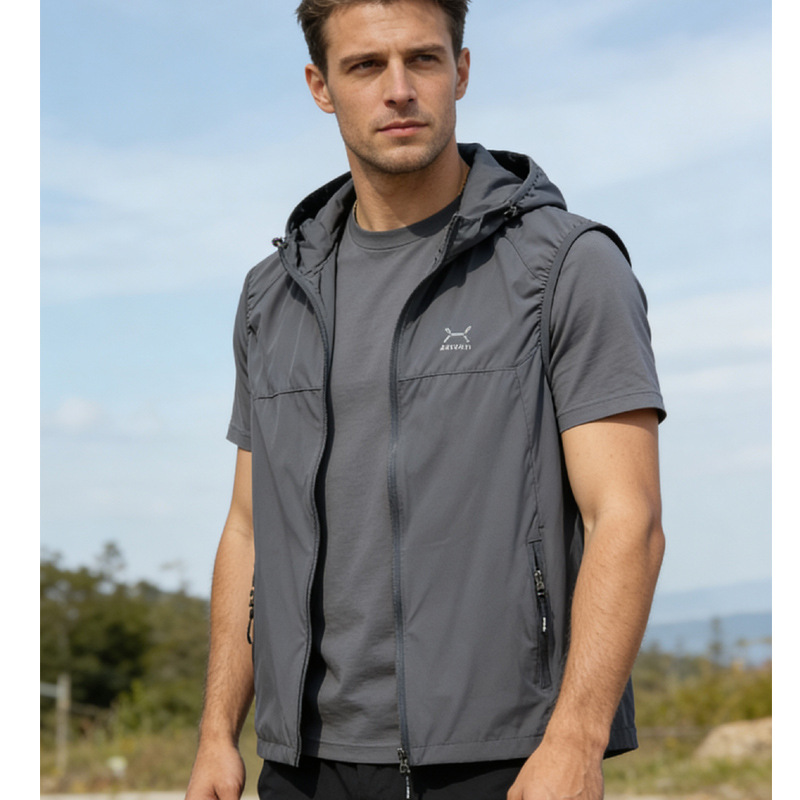 2025 Spring/Summer New Outdoor Lightweight Men's Hooded Vest with Multiple Pockets, Breathable and Versatile Gilet