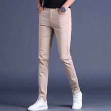 2024春秋香港高端卡其色牛仔裤男修身小脚裤韩版加绒弹力休闲长裤