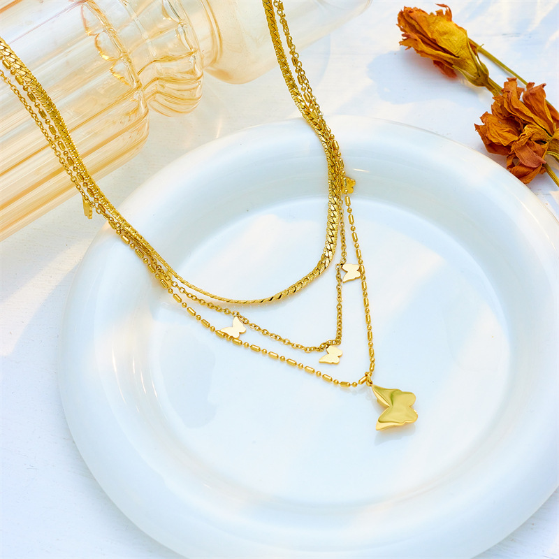 Three Layer Necklace Classification IG Style Sweet Butterfly Titanium Steel Wholesale Three Layer Necklace