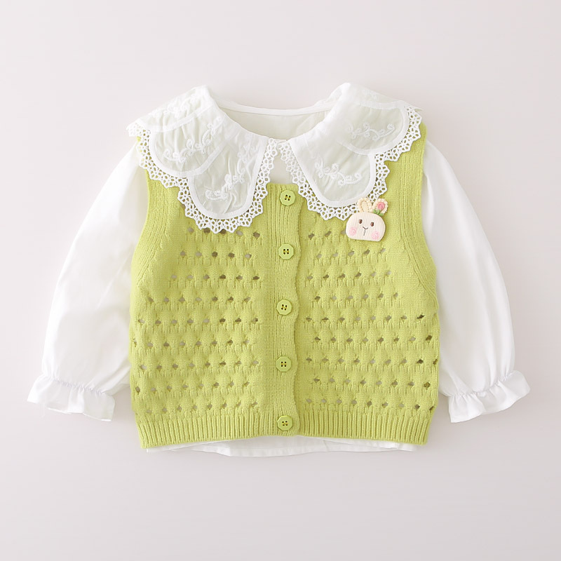 Ensemble trois pièces pour fille, pull à col brodé, gilet, printemps et automne, élégant et décontracté_voghion.com