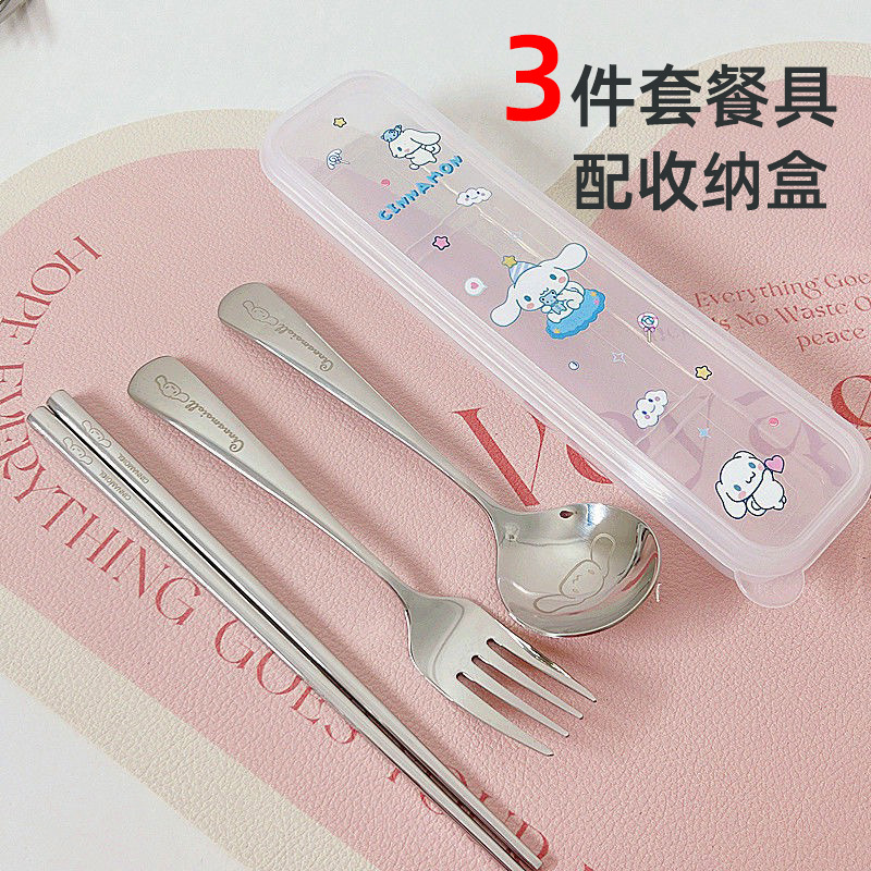 귀여운 만화 Kulomi 스테인레스 스틸 3 조각 세트 휴대용 식기 산리오 높은 색상 가치 패턴 쌀 포크와 숟가락