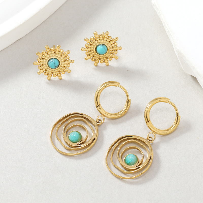 Exotic style natural turquoise titanium temperament stainless steel earrings circular personalized earring set_voghion.com