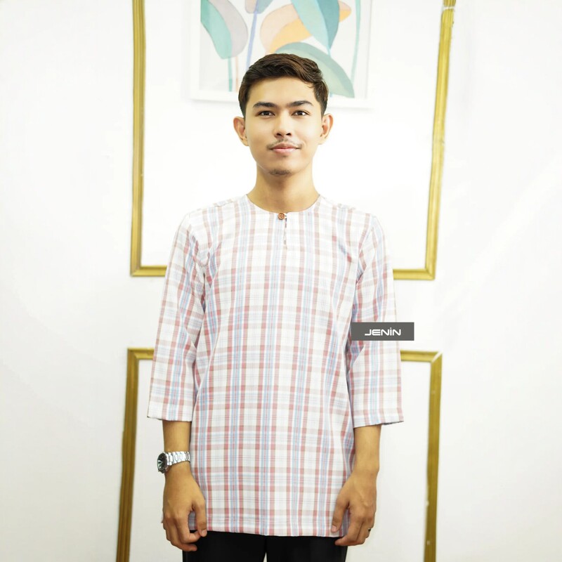 Men's plaid kurta shirt, loose casual ethnic style top, four-way stretch three-quarter sleeve shirt