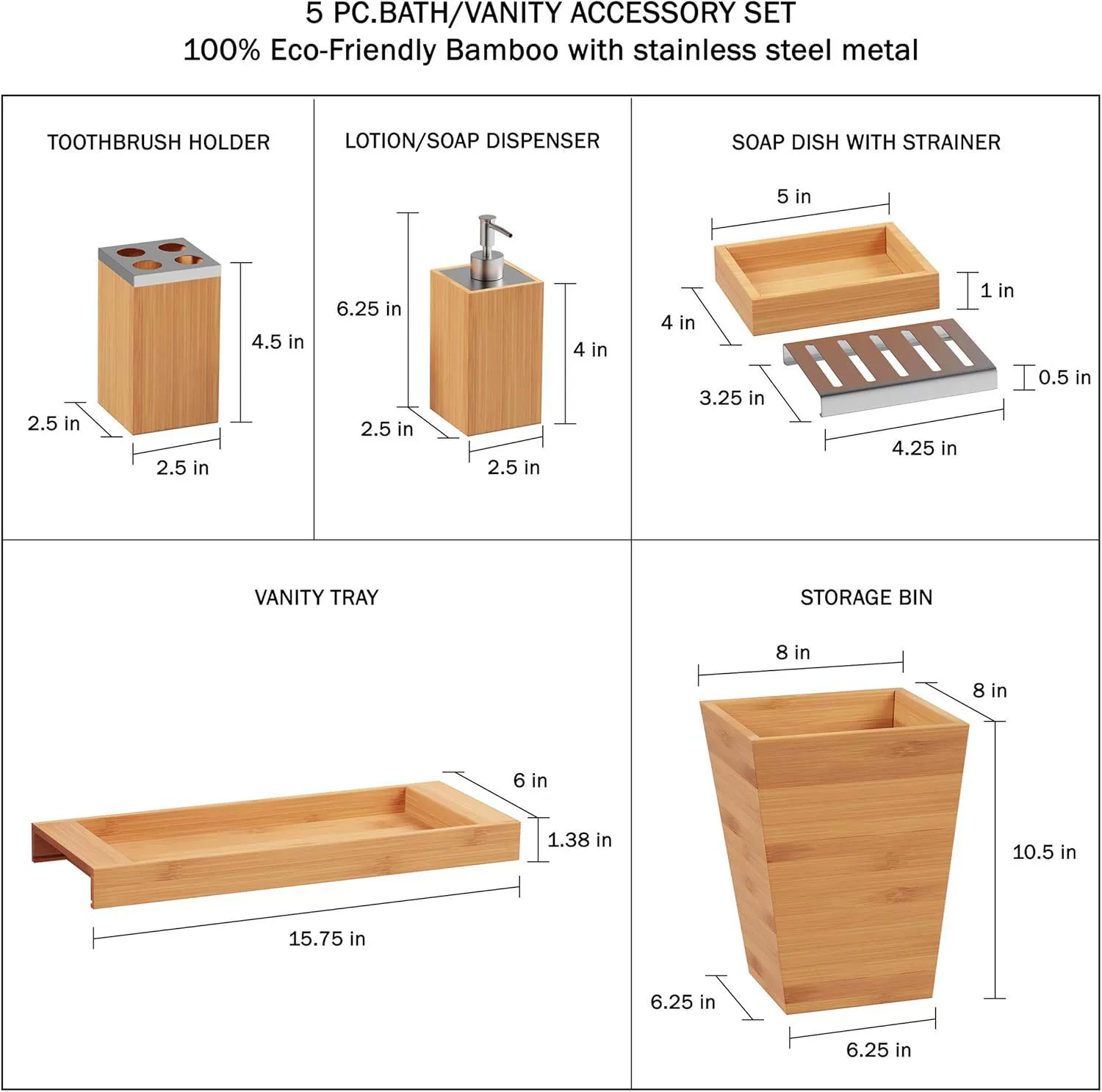 Набор аксессуаров для ванной из бамбука, 5 предметов: поднос, дозатор для лосьона, мыльница, держатель для зубных щеток