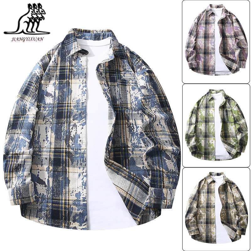 Trendy Brand Men's Plaid Shirt Spring and Autumn Tie-Dye Retro Loose Fashion Plaid Long-sleeved Shirt American Style Outer Wear Jacket Trendy Brand Men's Plaid Shirt Spring and Autumn Tie-Dye Retro Loose Fashion Plaid Long-sleeved Shirt American Style Outer Wear Jacket