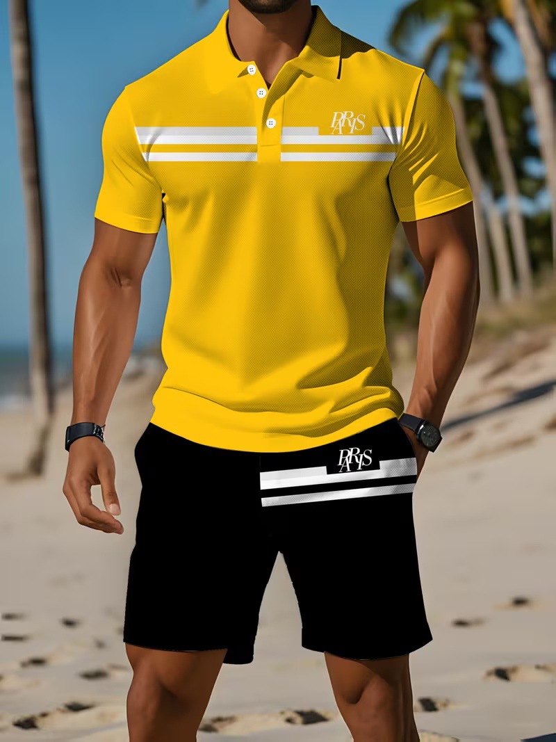 Fuente de fábrica transfronteriza verano nuevo polo de marca de pescado conjunto de camiseta de playa casual pantalones cortos deportivos ropa de hombre diy
