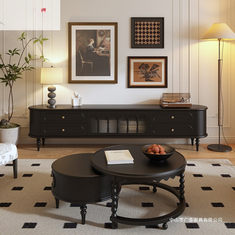 French Retro Tv Cabinet Living Room Solid Wood Mid-Century Style Black High Tv Cabinet Coffee Table American Floor Cabinet