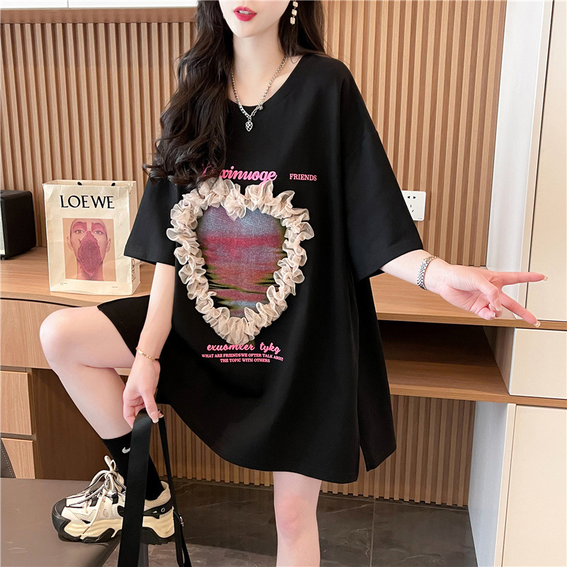 Japanese Love Mid-length T-shirt Women's Hems Split Design Sense plus size Cotton Lace Stitching Short-sleeved T-shirt Women's Trendy Japanese Love Mid-length T-shirt Women's Hems Split Design Sense plus size Cotton Lace Stitching Short-sleeved T-shirt Women's Trendy