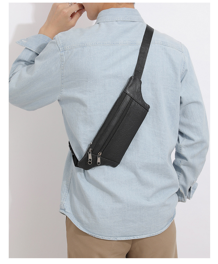 94g Weight Polyester Lining Material Sewing Thread Fashion Element Zipper Closure Type Sling Strap Strap Type Fanny Pack Bags Type Casual Occasion Genuine leather Material Solid Color Pattern All Seasons Season Men's Gender Streetwear Style Square Shape Men's Streetwear Solid Color Genuine Leather Men's Waist Bags 9