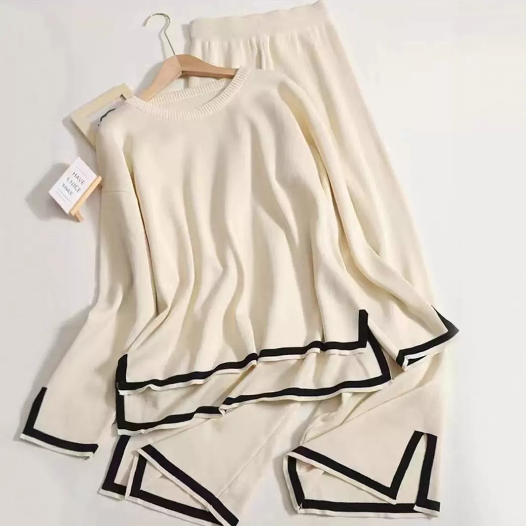 2025秋装新款气质撞色开叉长袖针织衫高腰显瘦阔腿裤长裤两件套装