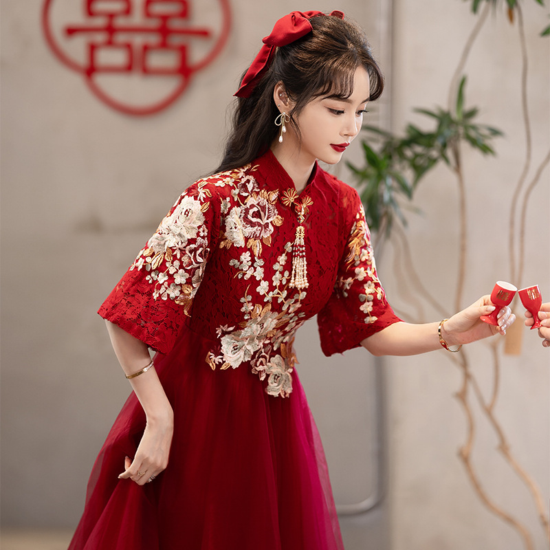 Chinese-Style Lace Toast Dress for Women 2026 New Plus-Size High-Waisted Dress to Cover Pregnant Belly for Brides, Wedding Dress for Plus-Size Women