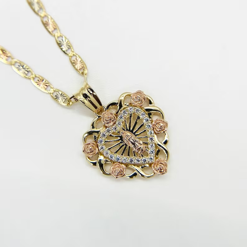 铭诚 跨境热卖爱心圣母玛利亚玫瑰花吊坠项链女士时尚珠宝派对礼