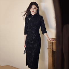 黑色国风新中式长款秋季长袖旗袍改良年轻款女高级感复古修身收腰