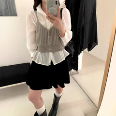 韩系穿搭秋季新款V领纽扣针织吊带背心叠穿外搭毛衣马甲美背上衣
