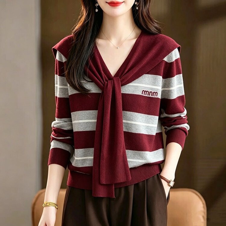 Two-tone striped shawl knit base shirt with letter embroidery, loose and slimming long-sleeve pullover sweater for middle-aged women Two-tone striped shawl knit base shirt with letter embroidery, loose and slimming long-sleeve pullover sweater for middle-aged women