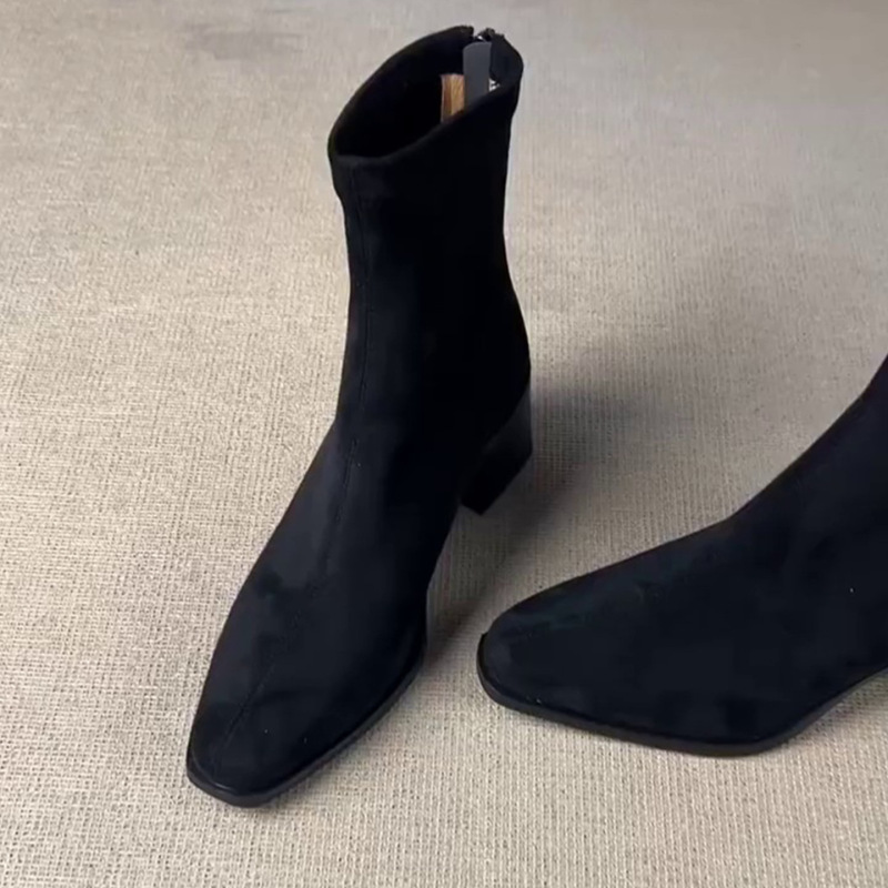 现货版~简约绒面瘦瘦靴法式复古粗跟方头弹力靴百搭女款显瘦时尚|undefined