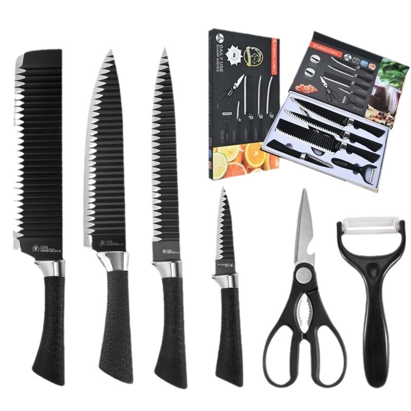 En stock transfronteriza Venta caliente al por mayor cuchillo corrugado antiadherente 238A onda negra patrón de onda negra cuchillo de seis piezas conjunto traje