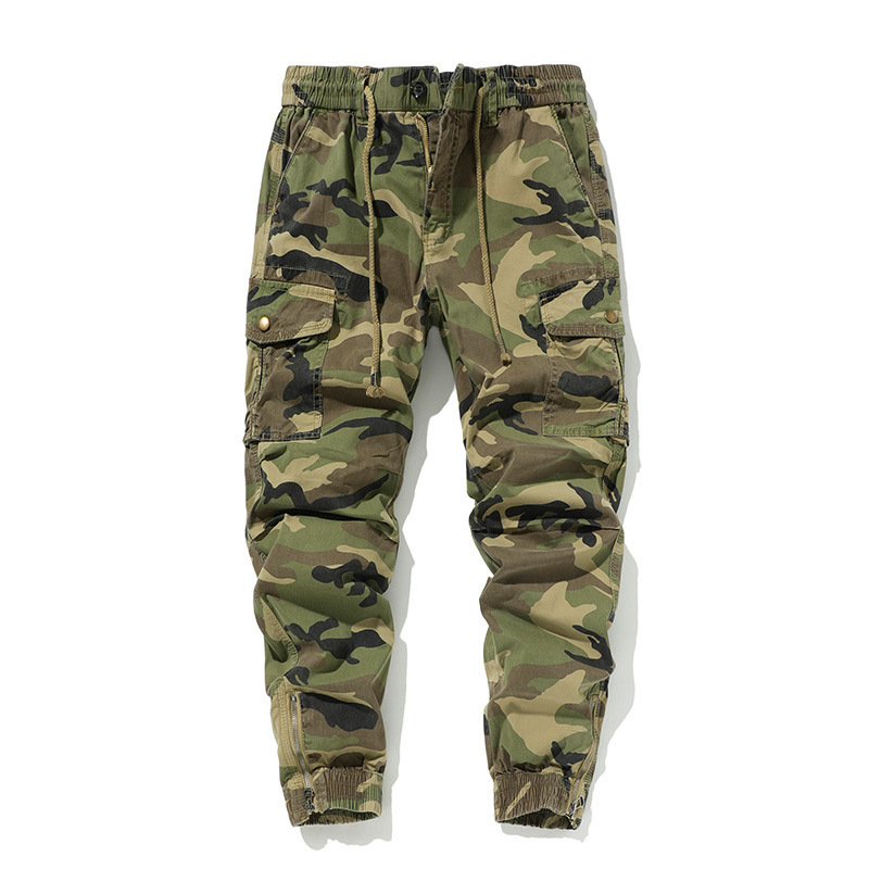 Spring and Summer Washed Retro Casual Pants Men's Leg-Tie Zipper Camouflage Workwear Multi-Pocket Sports Pants Cotton Stretch Pants