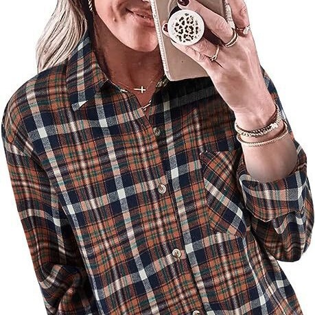 2023 Amazon Women's Clothing Autumn and Winter Cross-Border European and American Foreign Trade Women's Casual Loose Boyfriend Plaid Shirt Long Sleeve