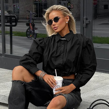 欧美跨境新款街拍黑色纯棉百搭泡泡袖长袖短款露脐上衣女通勤衬衫