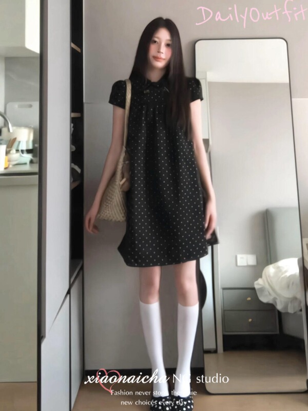 Japanese Retro Black Polka Dot Doll Collar Short-Sleeved Dress for Women Summer New Style High-End Fashion Loose Short Skirt Japanese Retro Black Polka Dot Doll Collar Short-Sleeved Dress for Women Summer New Style High-End Fashion Loose Short Skirt