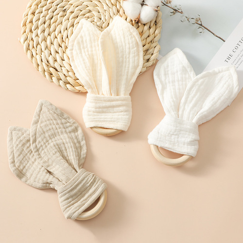 Cross-border best-selling new animal ears biting mouth infant teething toy 100% cotton edible printing rabbit ears