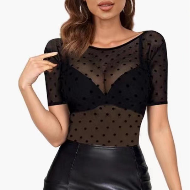 European and American Amazon New Polka Dot Mesh See-Through Tight-Fitting Short-Sleeved T-Shirt, Fashionable, Versatile, Slimming, Casual and Sexy Style