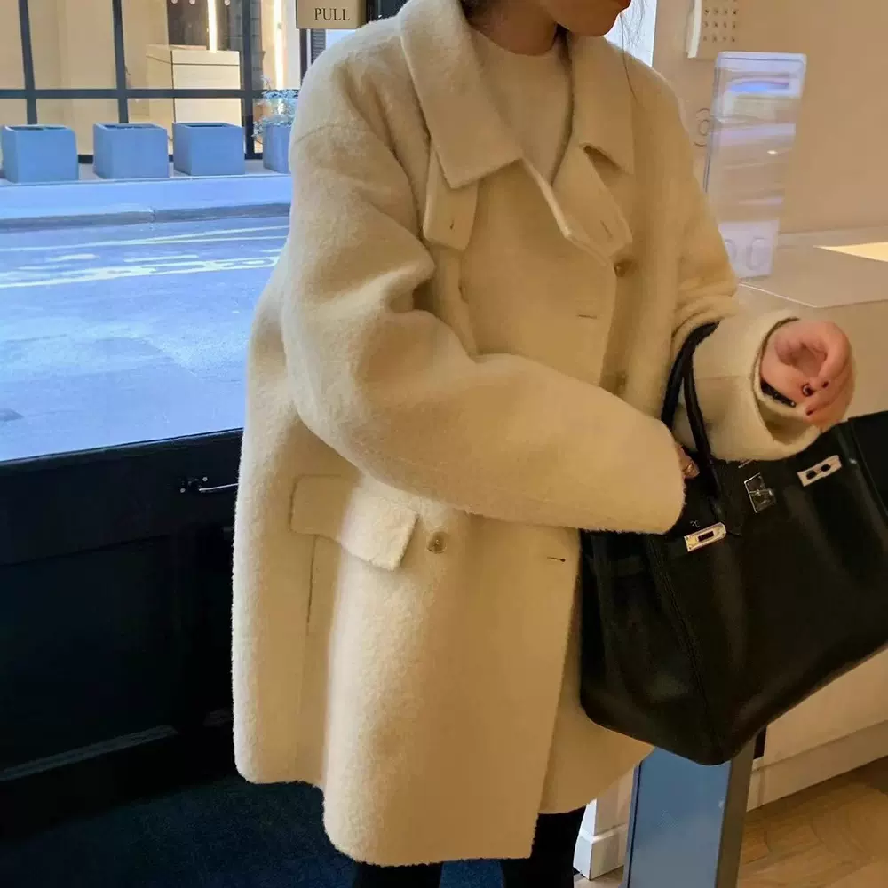 现货 ou*ce苏力羊驼毛翻领双排扣呢外套韩系高级感中长款大衣