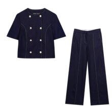 欧美外贸批发2025秋新款女装亚麻混纺缉线饰短袖西装外套裤套装女