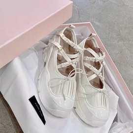 韩国芭蕾风鞋子2024新款厚底乐福鞋珍珠水钻玛丽珍蝴蝶结浅口单鞋