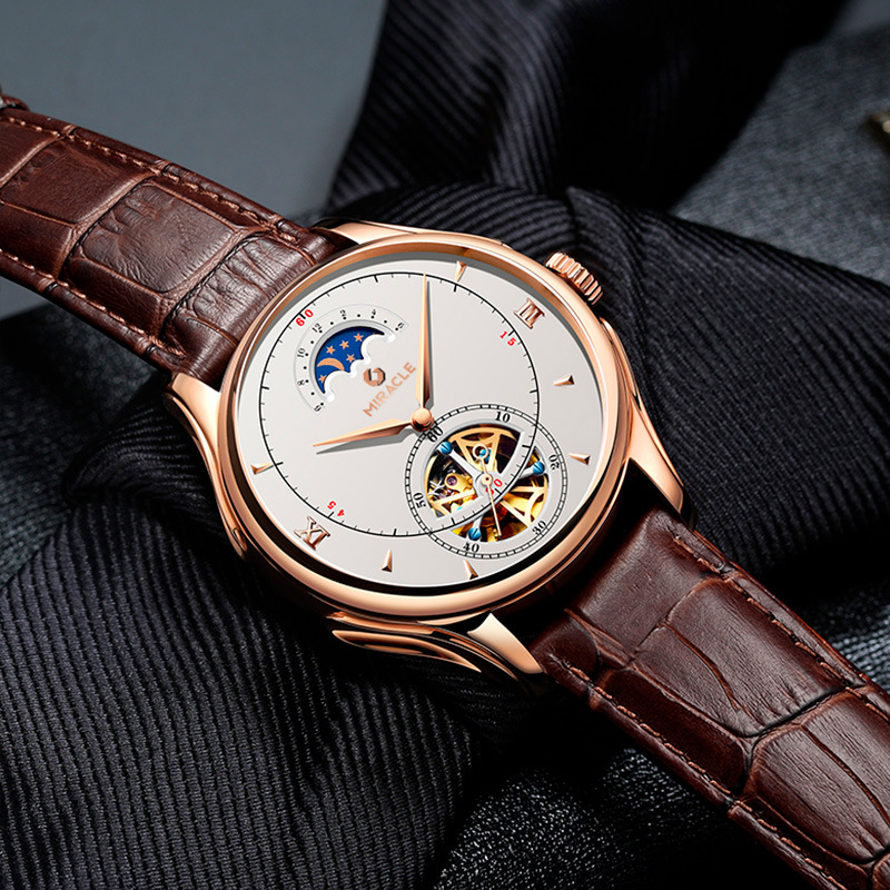 Đồng hồ cơ nam automatic lộ máy tourbillon vỏ hồng trắng dây da cà phê — Vỏ hồng trắng da cà phê
