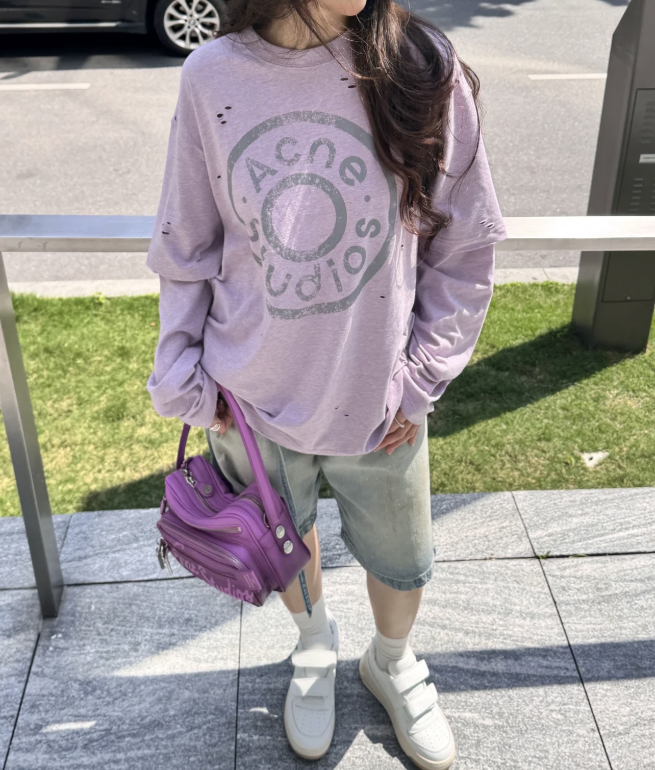 Acne Studios T-shirt Logo Print Distressed Purple