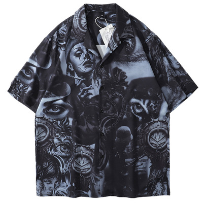 欧美街头复古人像满印短袖衬衫男嘻哈暗黑风宽松半袖衬衣薄款
