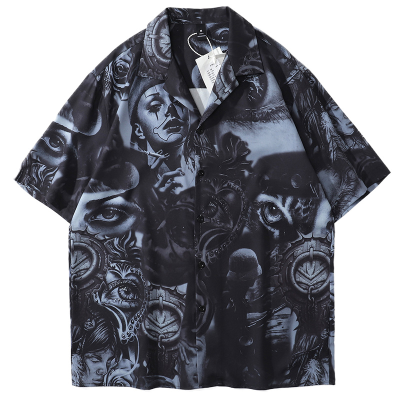 欧美街头复古人像满印短袖衬衫男嘻哈暗黑风宽松半袖衬衣薄款