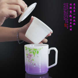 跨境马克杯手绘渐变紫泡茶杯办公杯家用个人专用带盖茶水分离logo