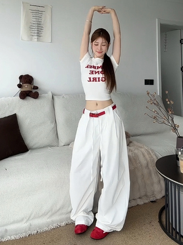 女性のための白いカジュアルワイドレッグパンツ 2025 夏の新しいハイウエストスリムシミタールーズヒップホップレイジースタイルワイドレッグパンツ|undefined