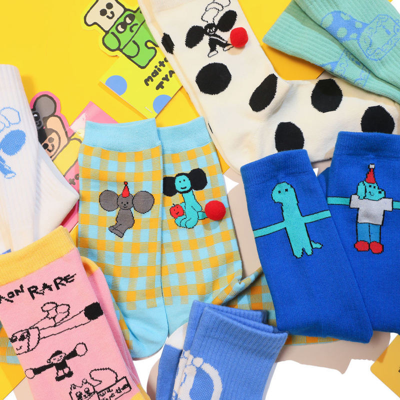 Game Spirit Amusement Park Color Cute Little People Cartoon Funny Plaid Hand-stitched Ball Sports Women's Socks