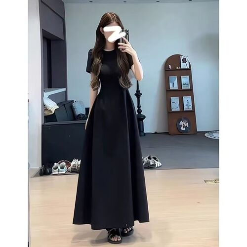 French retro long dress, women's summer new style, waist, slimming, high-end, Hepburn style, black thin suit dress